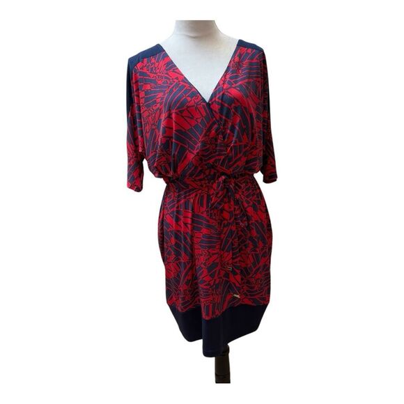 Sangria Red Navy 3/4 length Sleeve with Matching Tie Belt Office Dress Size 14W‎ - Picture 1 of 8